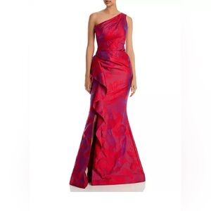 Teri Jon One Shoulder Jacquard gown- red.